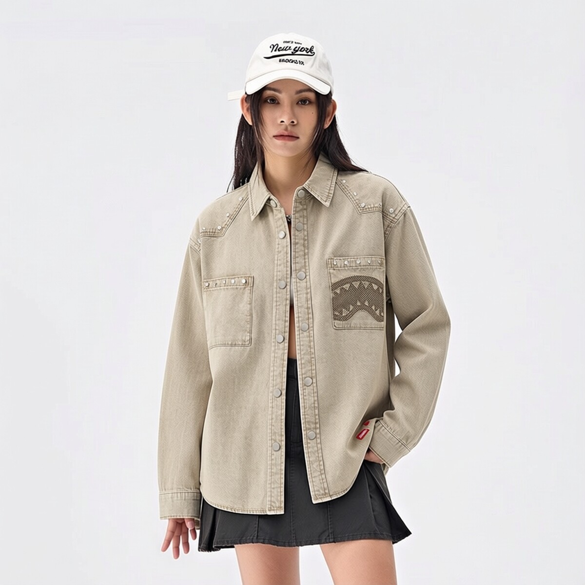 SprayGround鲨鱼嘴美式复古工装牛仔风外套铆钉装饰宽松长袖衬衫