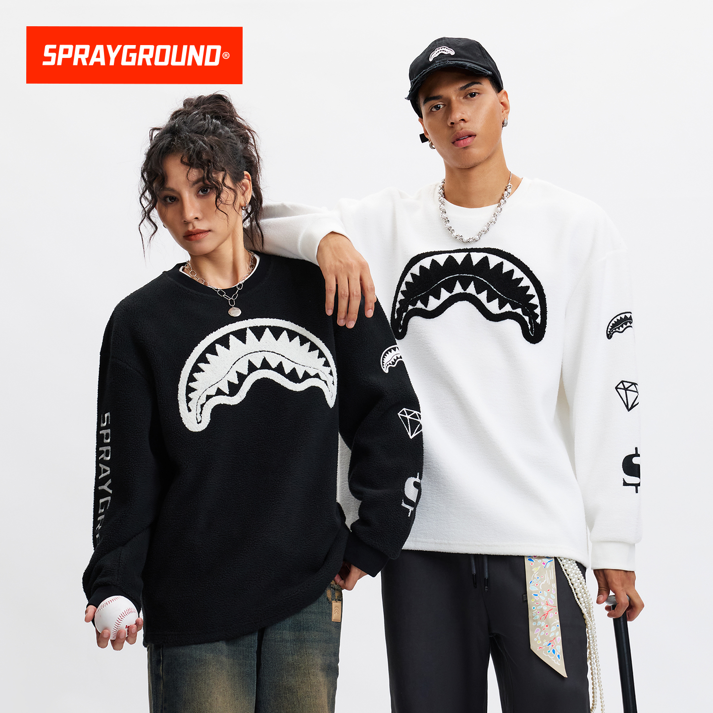 SprayGround鲨鱼嘴25秋冬毛绒卫衣男女美式圆领重磅保暖上衣