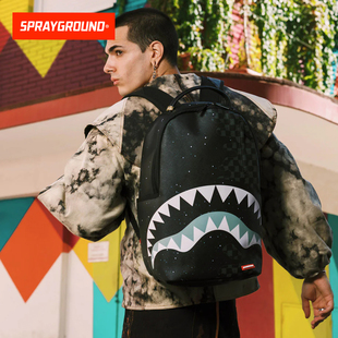 SprayGround鲨鱼做2026新款黑灰撞色棋盘格双肩包男学生大容量包