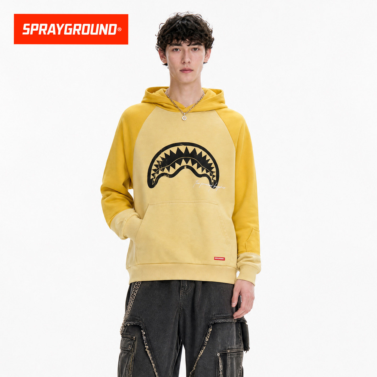 SprayGround鲨鱼嘴插肩连帽卫衣男女黄撞色做旧印花套头宽松帽衫