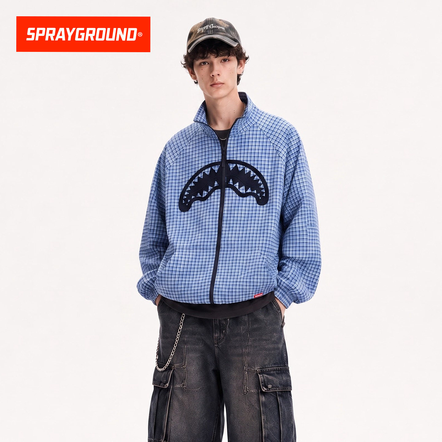 SprayGround鲨鱼嘴明星同款复古粗织格纹外套镂空贴布休闲夹克