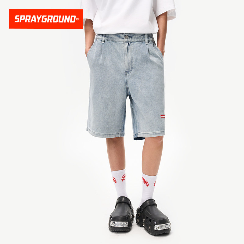 SprayGround鲨鱼嘴2025夏季牛仔短裤男宽松直筒五分裤子复古中裤