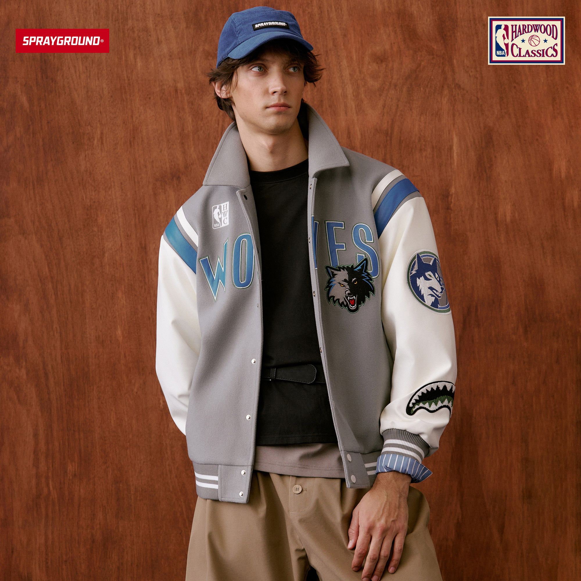 SPRAYGROUND | NBA HWC联名系列 森林狼队灰白拼色棒球夹克外套