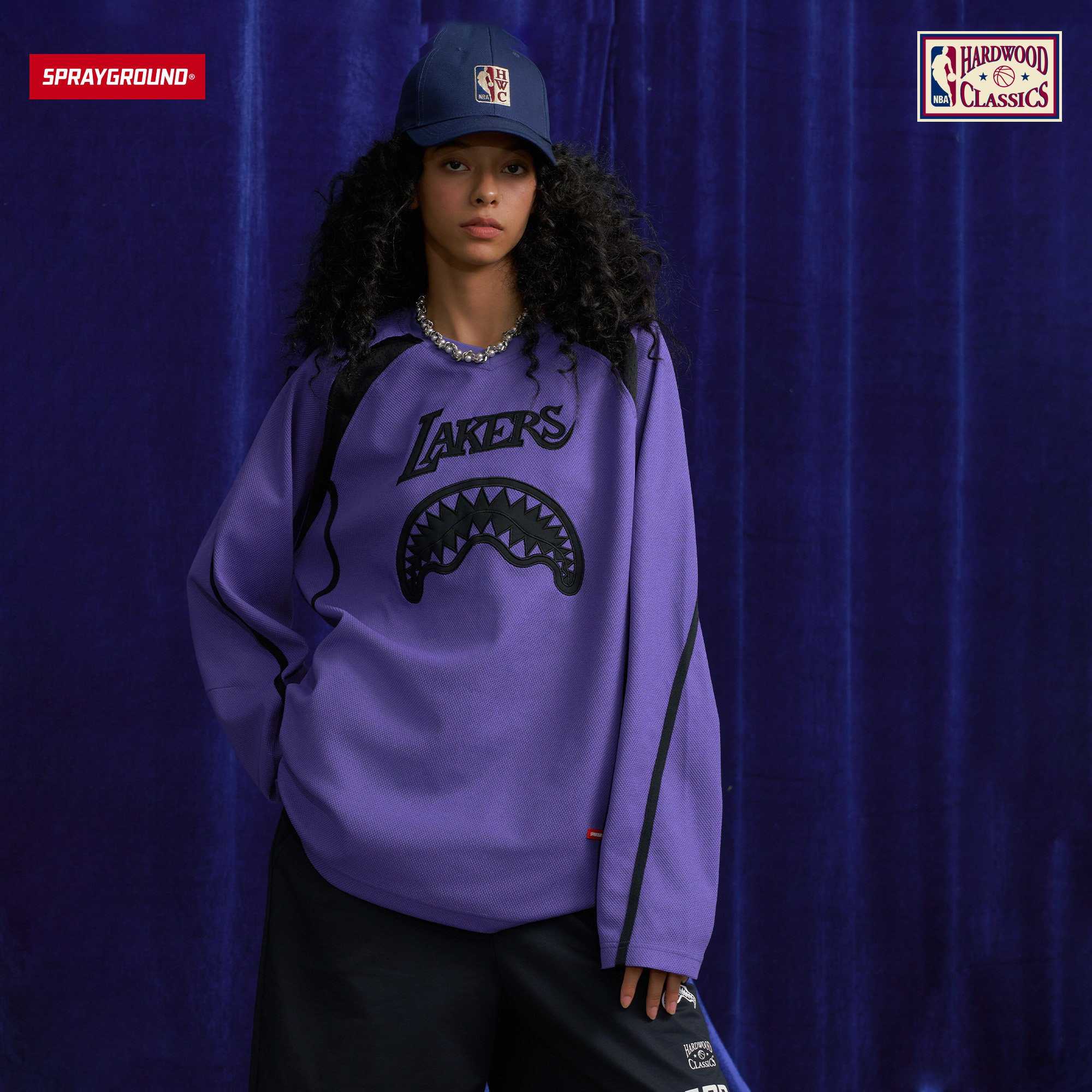 SprayGround I NBA HWC联名系列湖人队美式鲨鱼嘴图案刺绣长袖T恤