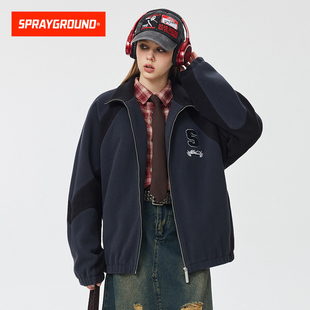 SprayGround鲨鱼嘴2024秋季 拼接毛绒夹克外套男女潮牌立领宽松