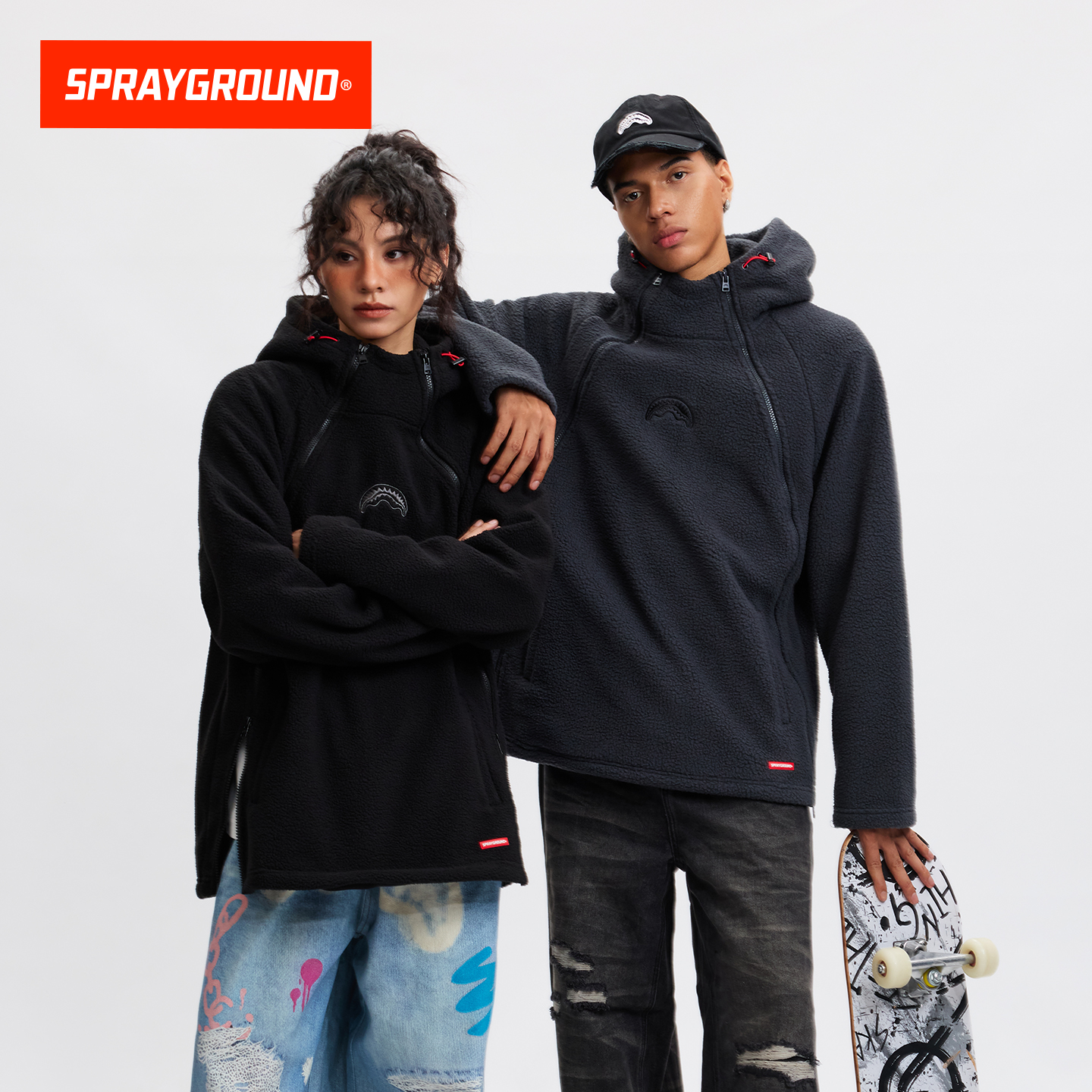 SprayGround鲨鱼嘴25秋冬加厚摇粒绒卫衣男女美式双拉链保暖外套