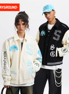 SprayGround鲨鱼嘴哥特字母棒球服外套秋冬夹棉翻领男女刺绣夹克