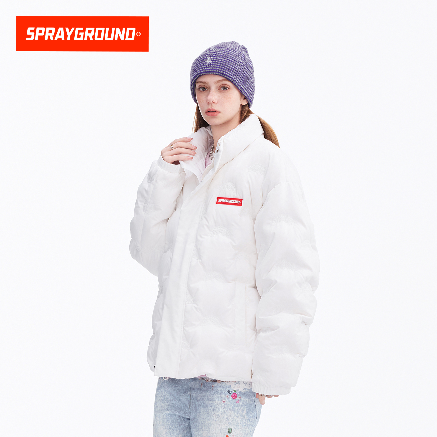 SprayGround鲨鱼嘴压印logo羽绒服男女冬季保暖情侣宽松羽绒外套