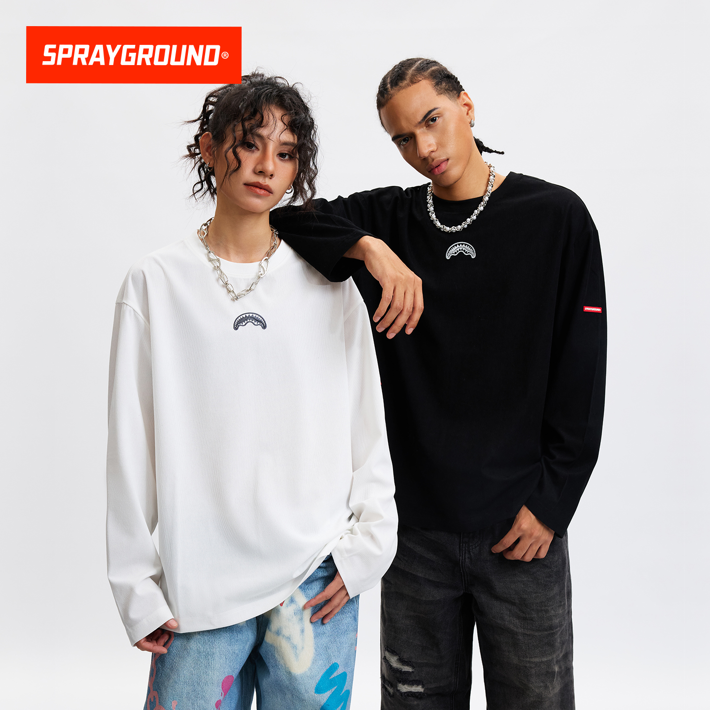 SprayGround2025秋款刺绣鲨鱼嘴长袖T恤男情侣上衣潮流宽松打底衫