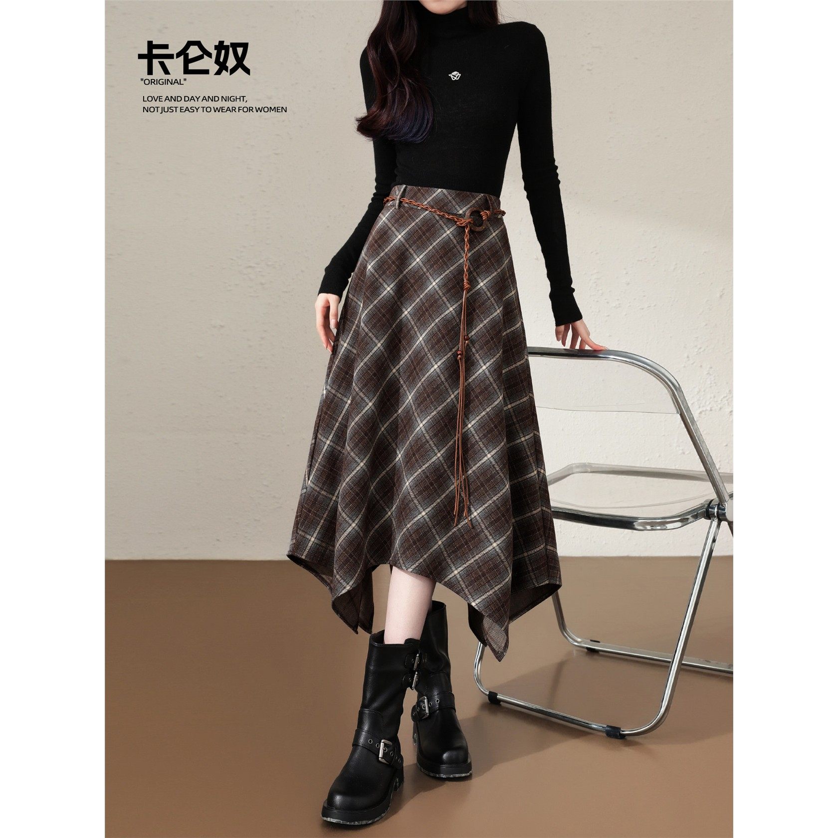毛呢半身裙女秋冬新款高腰垂感时尚覆古中长款A字不规则格子伞裙