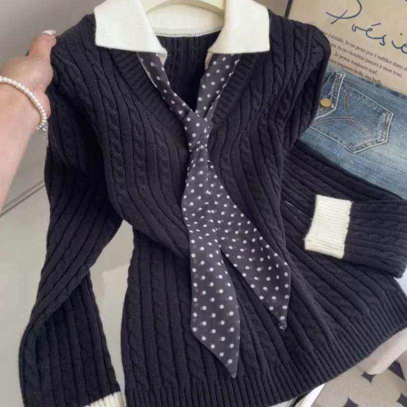 韩系设计感黑色拼色假两件波点领带长袖针织衫女绝美内搭毛衣上衣,女装/女士精品,毛针织衫,淘宝优惠券,粉丝福利购,淘宝优惠卷