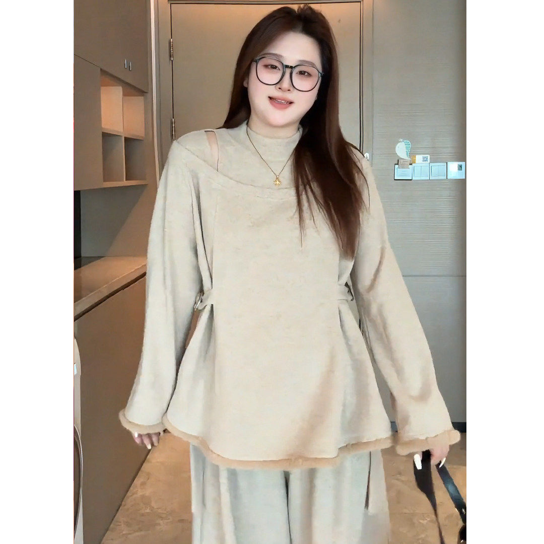 大码半高领针织打底衫女冬季设计感保暖软糯毛衣胖MM显瘦露肩上衣