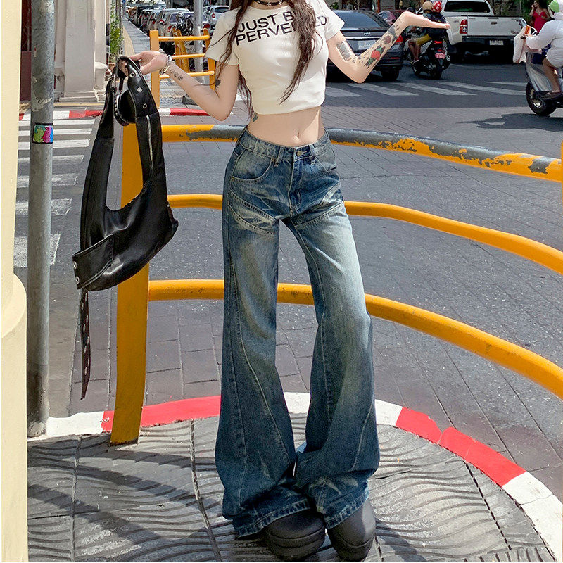 美式覆古低腰阔腿微喇牛仔裤女春秋款辣妹显瘦不贴腿直筒喇叭裤子,女装/女士精品,牛仔裤,淘宝优惠券,粉丝福利购,淘宝优惠卷