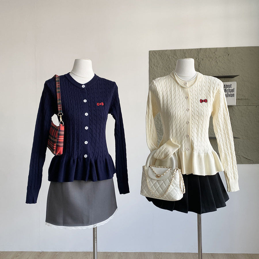 刺绣蝴蝶结麻花针织开衫女春季新款修身单排扣下摆花边毛衣上衣女