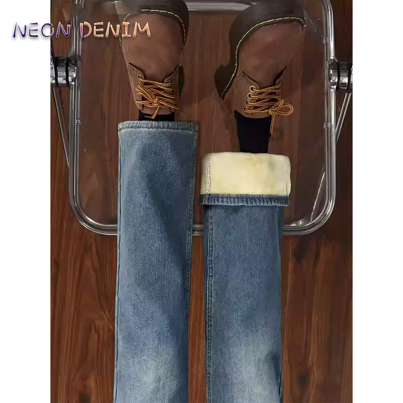 广州新塘加绒加厚直筒牛仔裤女秋冬季2025新款高腰显瘦窄版阔腿裤