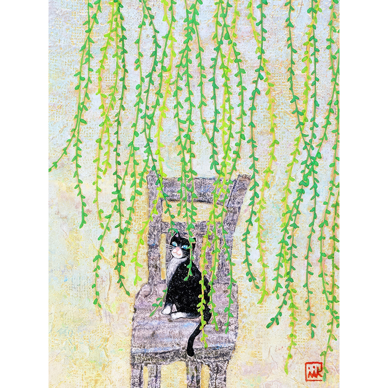 野地美树子猫咪柳树复古装饰画画芯点彩画风景墙新中式小众艺术图片