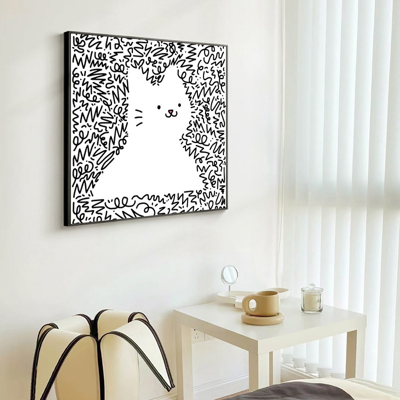 北欧韩国ins猫咪黑白线条铅笔画小众卡通摆台装饰画画芯海报