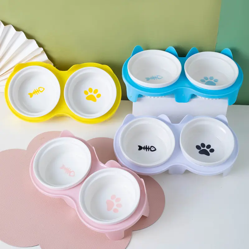 倾斜宠物碗架水碗猫碗陶瓷猫碗含铁架猫食盆保护颈椎卡通猫咪餐桌