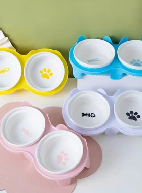 倾斜宠物碗架水碗猫碗陶瓷猫碗含铁架猫食盆保护颈椎卡通猫咪餐桌