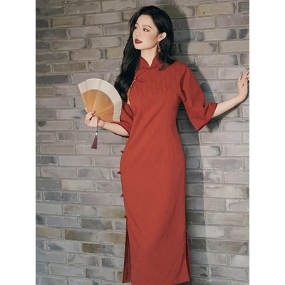 古法红色古法旗袍新中式2025新款早秋倒大袖年轻款少女连衣裙