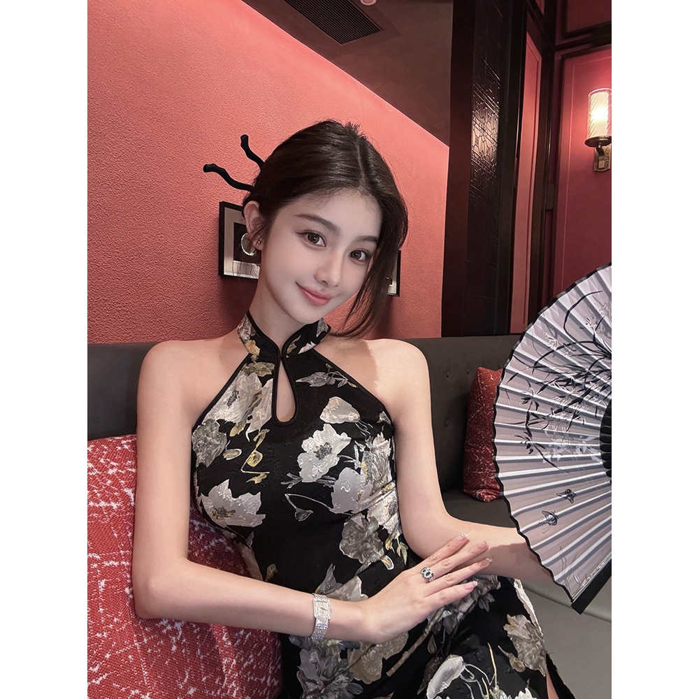 夏季性感黑色新中式无袖挂脖旗袍连衣裙国风复古修身显瘦开叉长裙