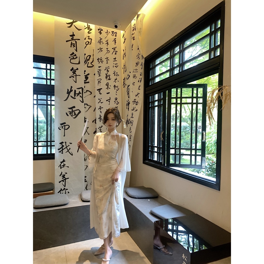 2025年水墨画新中式连衣裙女国风禅意改良旗袍年轻少女两件套装