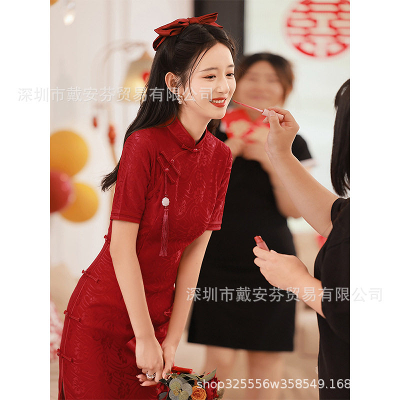 红色旗袍敬酒服新娘中式小个子高旗袍