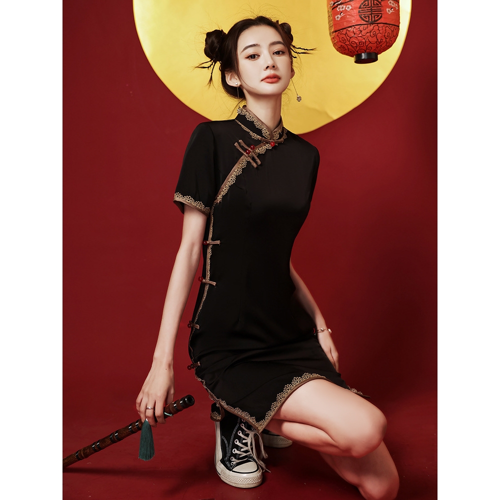 黑色旗袍2025年新款夏款年轻款少女改良版小个子国潮风连衣裙短款