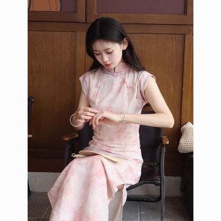显瘦改良日常甜美 樱花瓣新中式 粉色旗袍2025新款 夏季 订婚领证修身