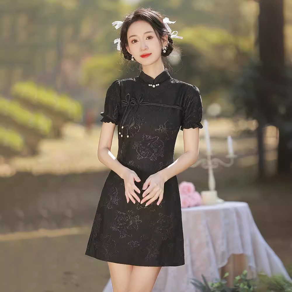 2025新款夏季中长款蕾丝短裙高端气质国风新中式改良旗袍连衣裙女