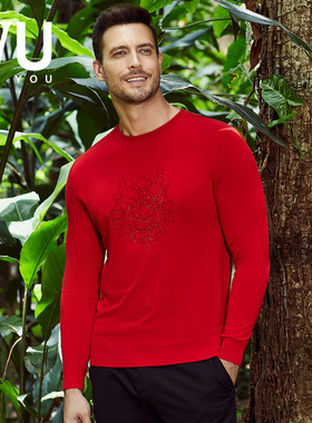 安莉芳官方奥莱IVU红色喜庆贴身暖肤衣睡衣秋冬男士弹力打底衫