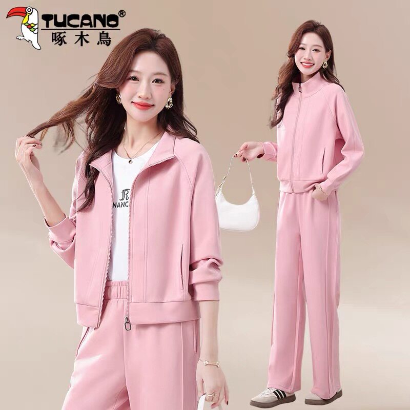 啄木鸟休闲运动服套装女2026新款春秋时尚减龄立领开衫卫衣三件套