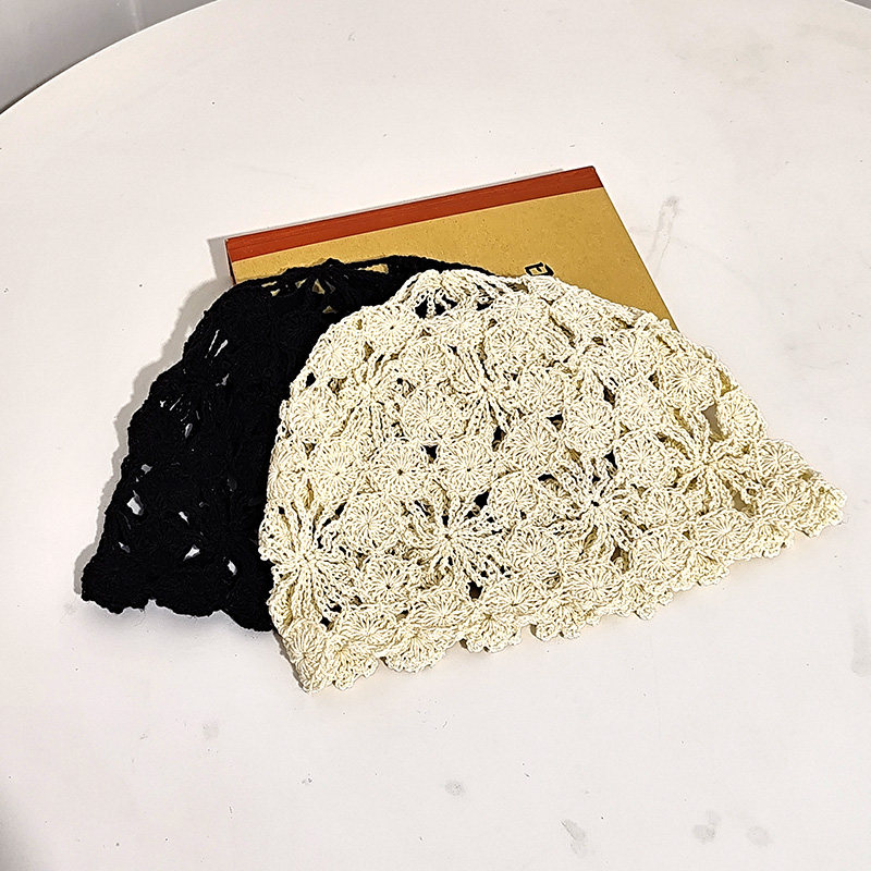 韩系手工钩花包头帽子女春夏休闲百搭镂空透气针织帽显脸小毛线帽