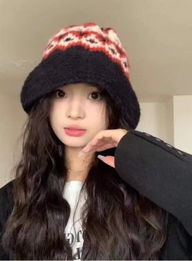 韩版撞色提花针织渔夫帽子女秋冬时尚保暖毛线帽显脸小文艺盆帽潮