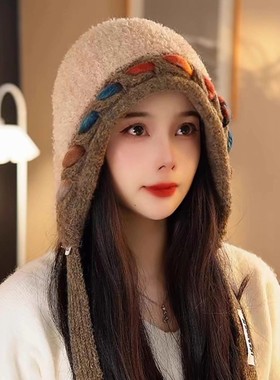 韩系彩色毛绒针织帽女冬季保暖护耳套头帽流苏氛围感大头围帽子潮