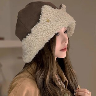 新款可爱猫耳朵毛绒雷锋帽子女冬季加绒百搭保暖大头围护耳套头帽