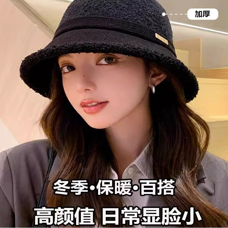 韩版复古毛绒拼接渔夫帽子女冬季逛街气质显脸小百搭加厚保暖盆帽