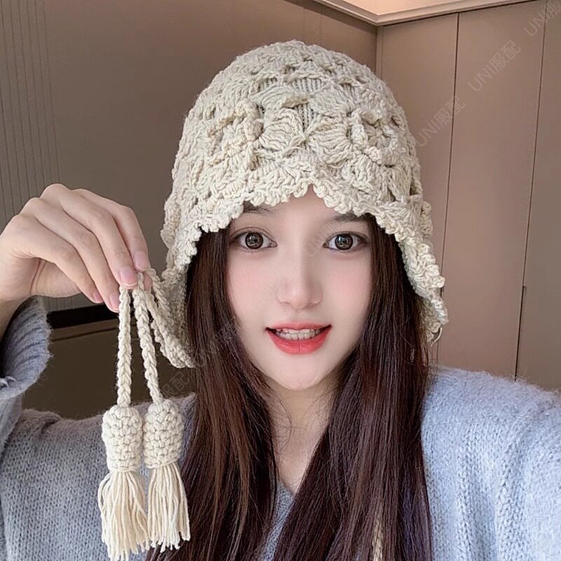民族风钩花毛线帽子女秋冬套头帽