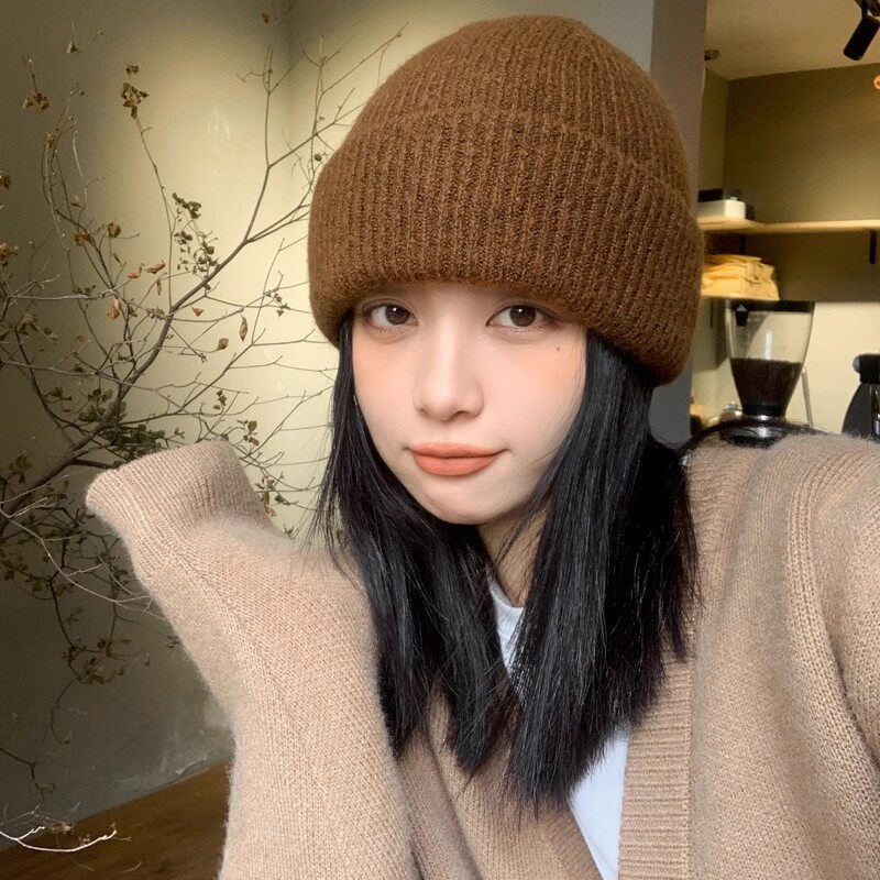 新款经典纯色针织帽子女秋冬休闲百搭保暖护耳毛线帽显脸小包头帽