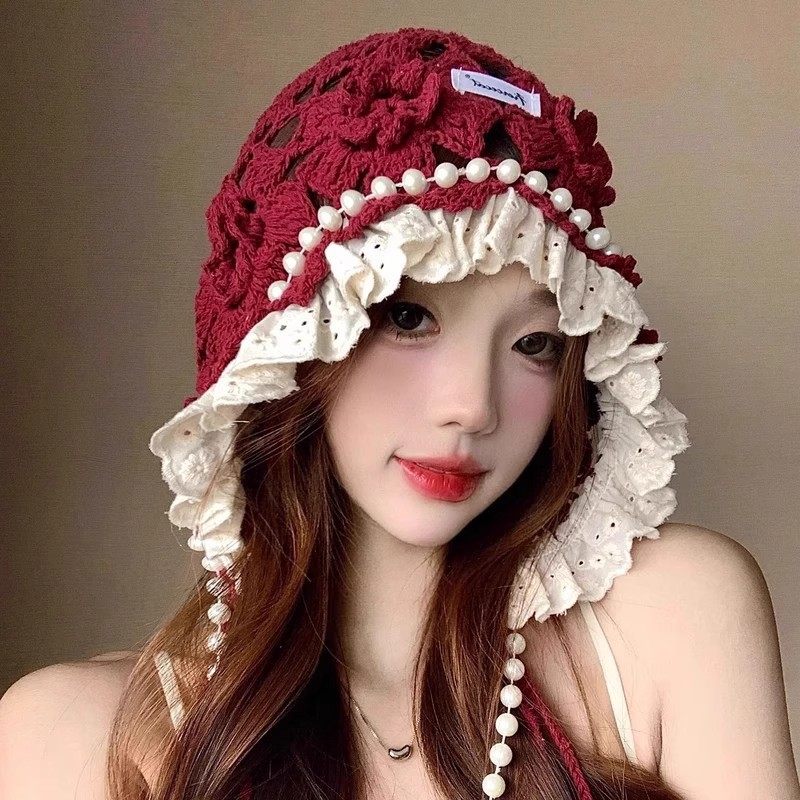 日系甜美珍珠流苏立体花朵针织帽子女春夏新款镂空花边时尚包头帽
