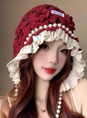 日系甜美珍珠流苏立体花朵针织帽子女春夏新款镂空花边时尚包头帽