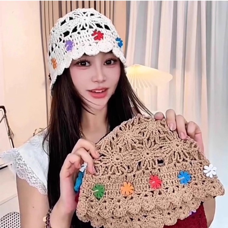 镂空钩花帽子女2025春秋季彩色花朵手工针织帽时尚韩版薄款包头帽