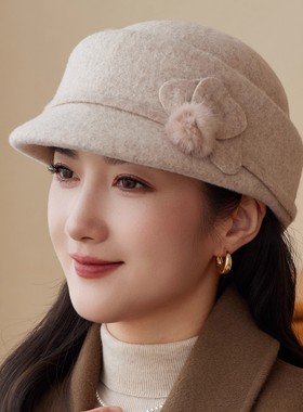 中老年羊毛呢帽子女秋冬优雅气质百搭保暖妈妈帽显脸小花朵马术帽