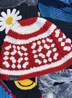 韩国东大门手工钩织撞色针织渔夫帽子女春秋甜美百搭显脸小毛线帽