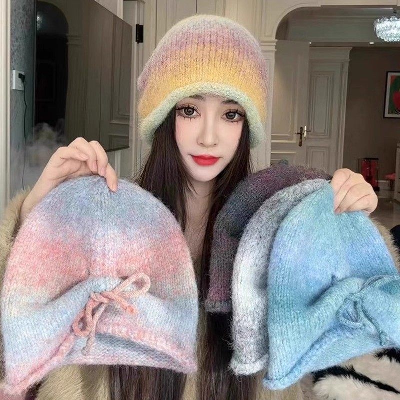 网红渐变色针织帽子女秋冬保暖护耳毛线帽大头围显脸小抽绳堆堆帽