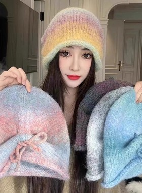 网红渐变色针织帽子女秋冬保暖护耳毛线帽大头围显脸小抽绳堆堆帽