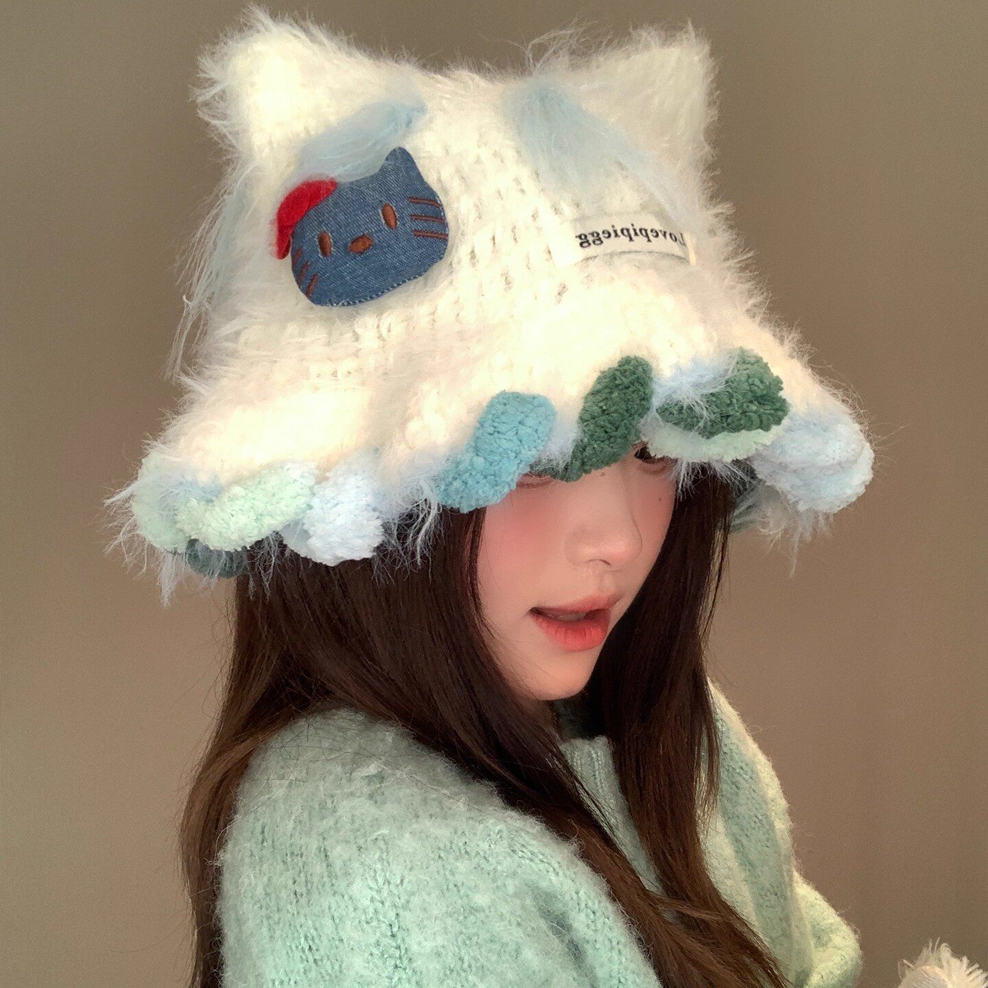 甜美可爱猫耳朵毛绒针织帽子女秋冬新款保暖渔夫帽大头围毛线帽潮