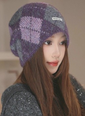 复古菱形格拼色针织帽子女秋冬百搭保暖护耳包头冷帽显脸小堆堆帽