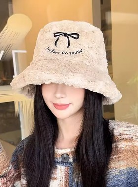 甜美蝴蝶结字母毛绒帽子女冬季新款宽檐保暖盆帽显脸小百搭渔夫帽