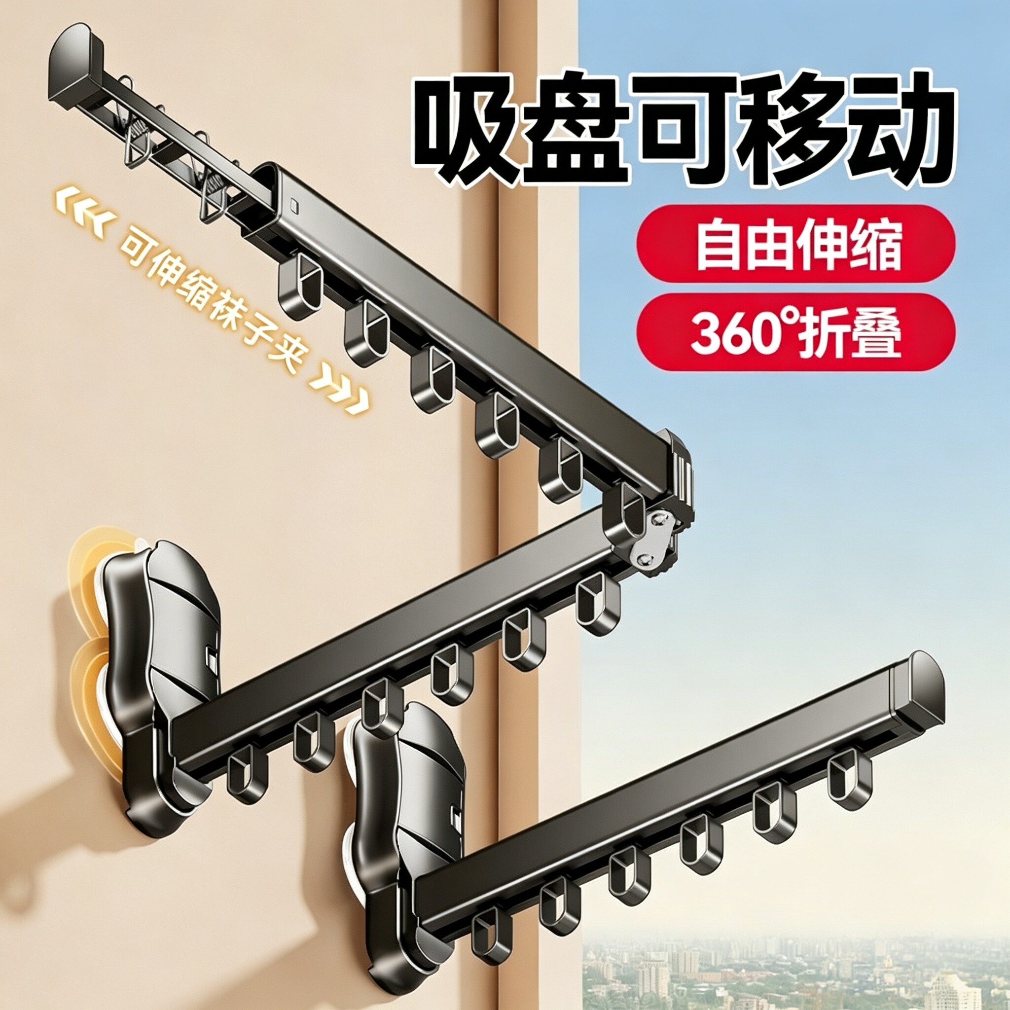 日本吸盘折叠晾衣架阳台晾衣杆飘窗晾衣神器玻璃浴室晾晒袜子内衣